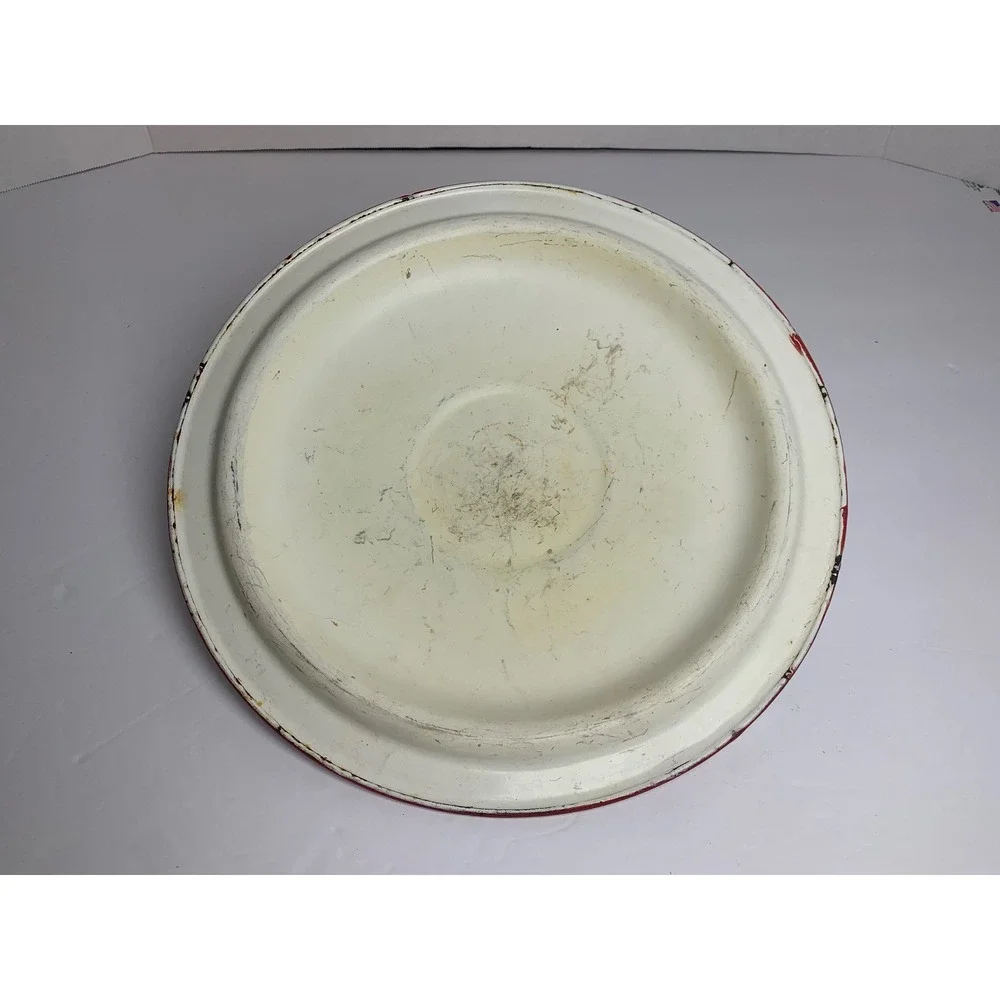 Vintage White Enamelware Pot Lid Red Trim Replacement Farmhouse Primitive 10in